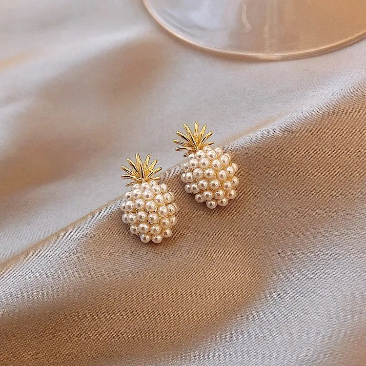 Korean style pineapple starfish pearl earrings with alloy electroplated finish and artificial gemstone inlays