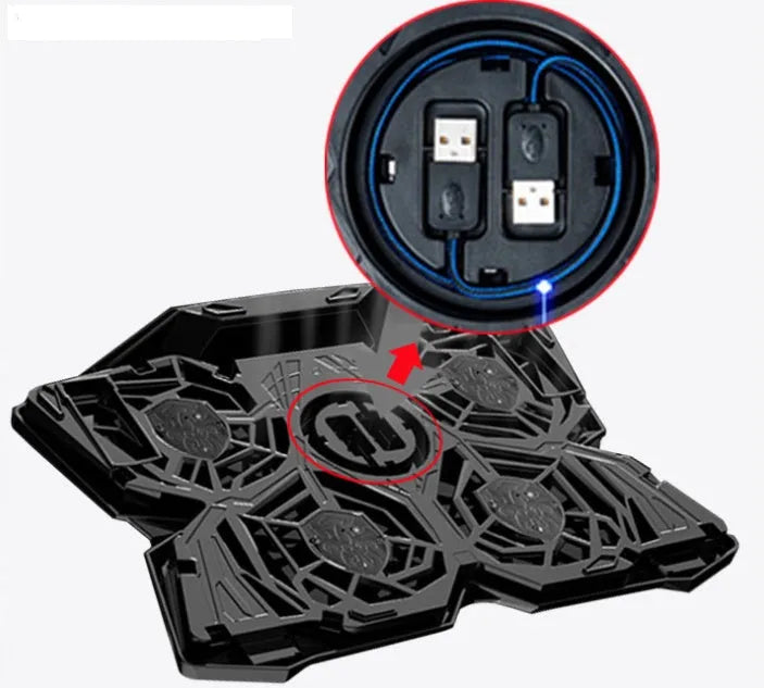 Blue laptop cooling base with four LED fans and dual USB ports
