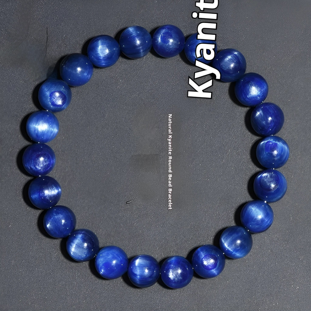 Polished grade 7A blue crystal bracelet with geometric ruyi design, shown in single circle and piece sizes.