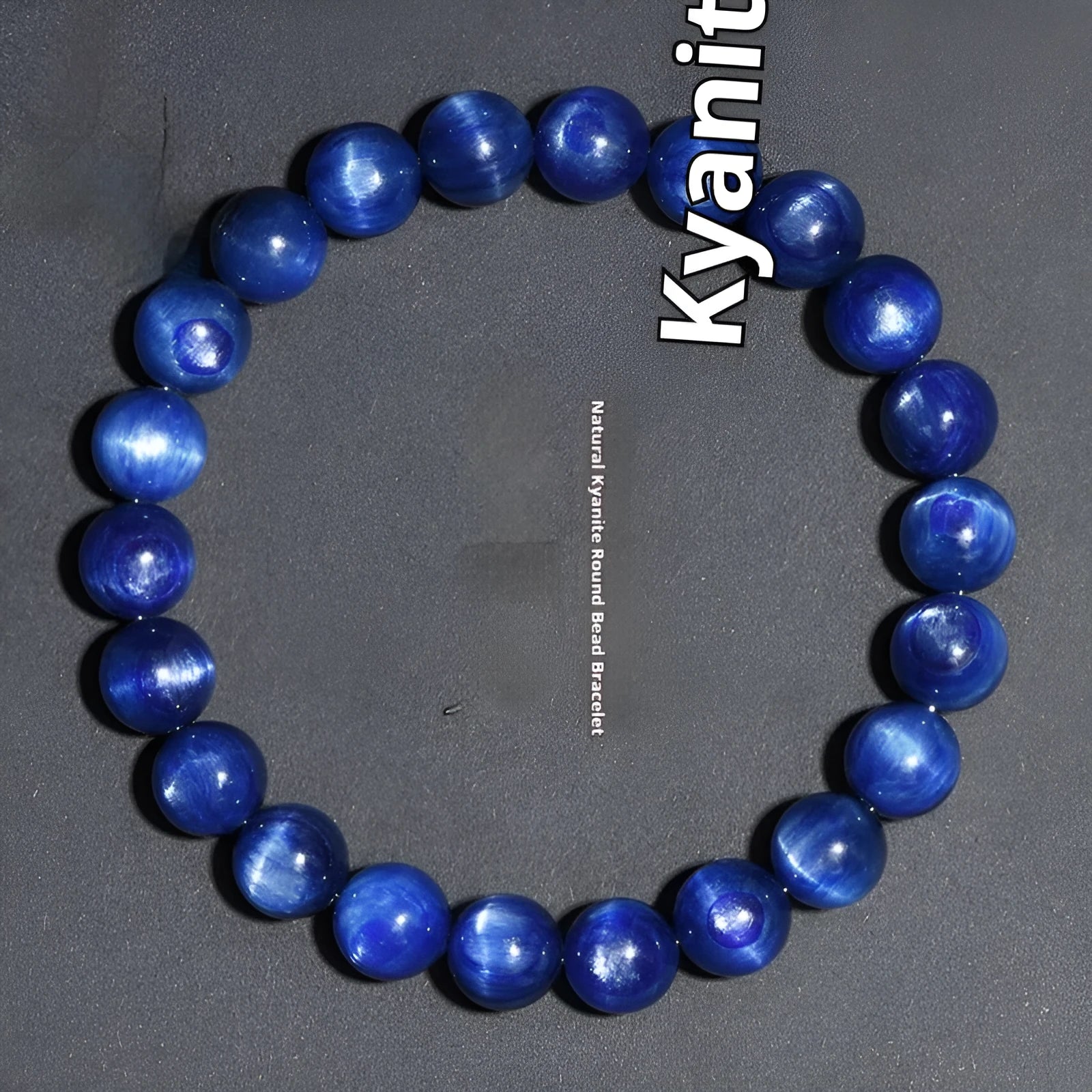 Polished grade 7A blue crystal bracelet with geometric ruyi design, shown in single circle and piece sizes.