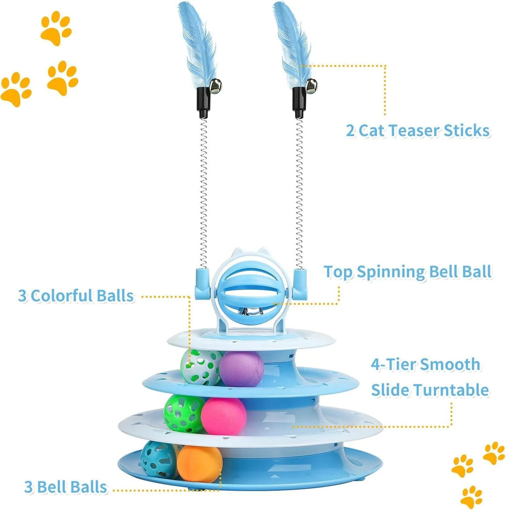 Blue 4-tier interactive cat puzzle toy with balls and teasing rods on a non-slip base.