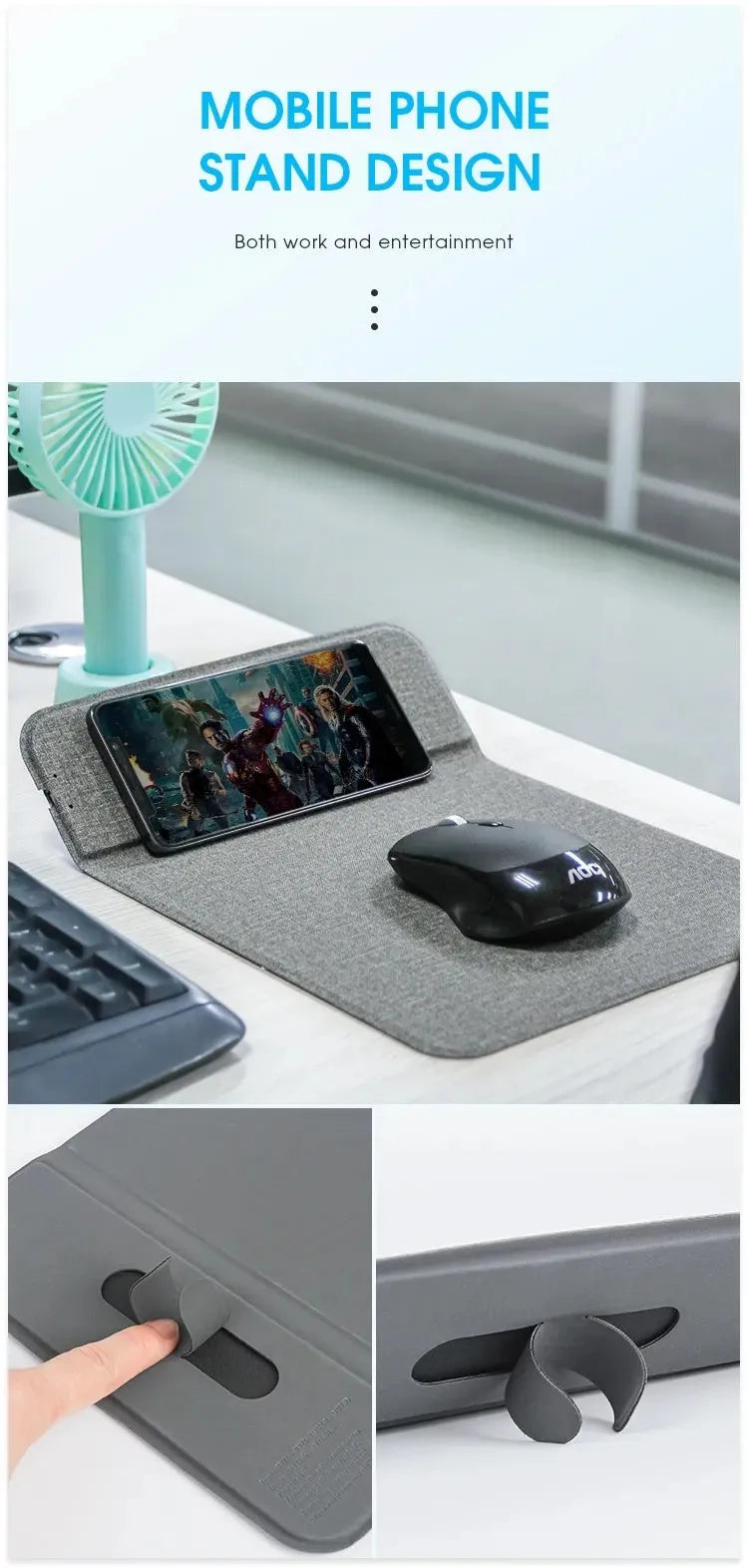 Foldable cloth phone holder with wireless charging capability showing adjustable viewing angles