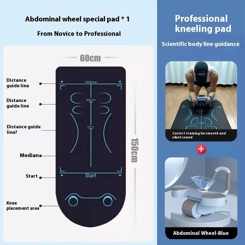 Blue 4-wheel abdominal wheel fitness equipment with elbow support pads and automatic rebound mechanism