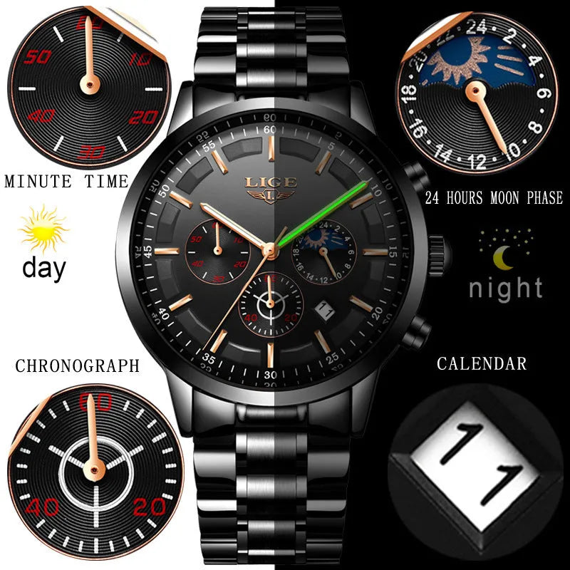 Men's black and rose red gold sports quartz watch with moon phase display on wrist.
