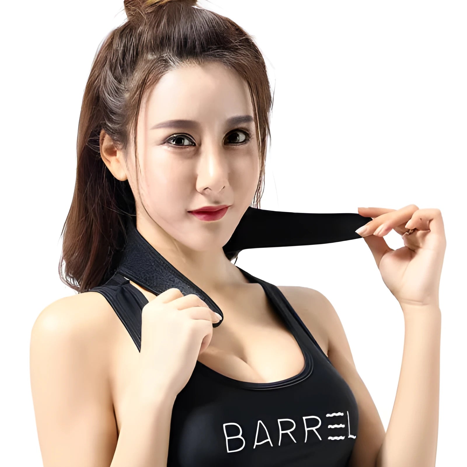 Black self-heating magnetic therapy neck guard with adjustable shoulder strap laid flat.