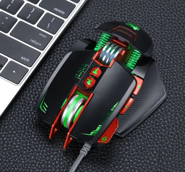 Thunder Wolf V9 wired gaming mouse in Black or Grey on a desk with USB cable