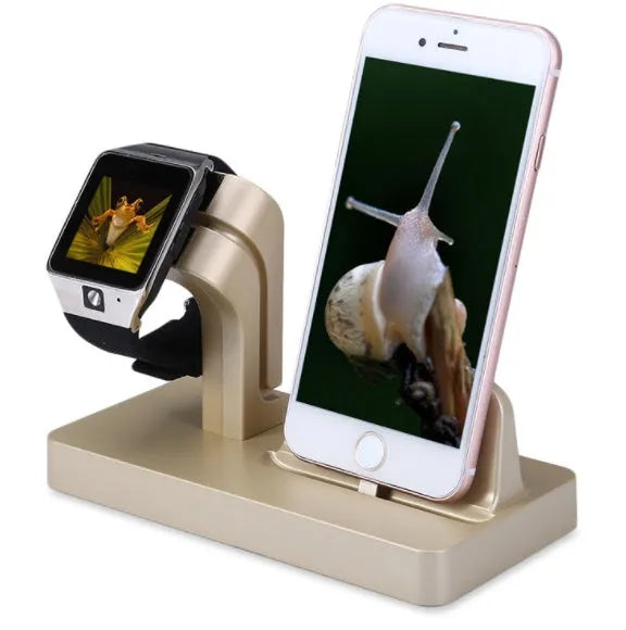 White 2-in-1 charging dock holding an iPhone and Apple Watch with anti-slip silicone pads