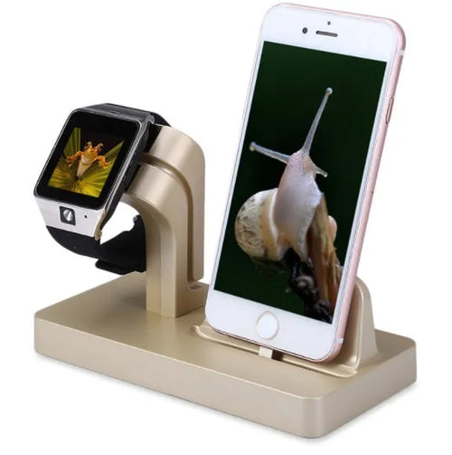 White 2-in-1 charging dock holding an iPhone and Apple Watch with anti-slip silicone pads