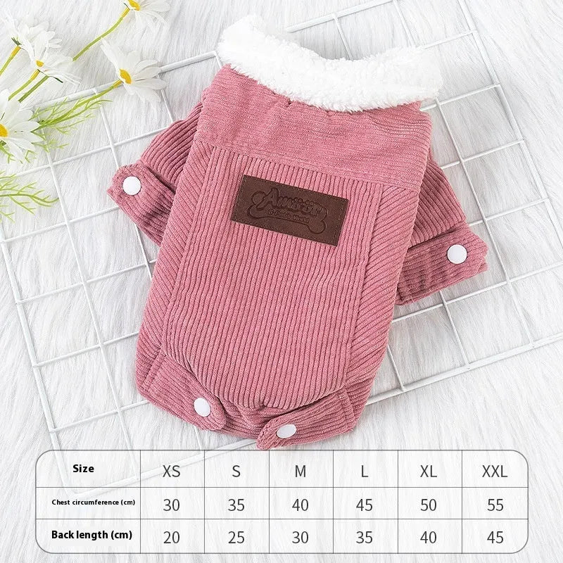 Grey lambswool dog vest with fleece lining shown on a dog model
