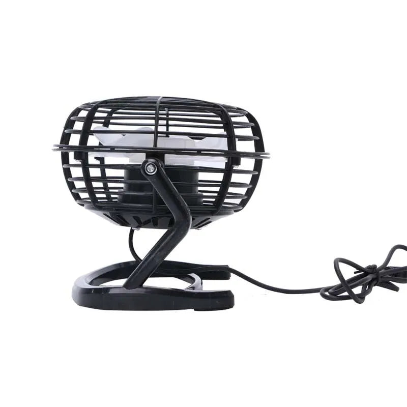Mini USB desktop fan showing adjustable tilt mechanism and black/white/blue colour options