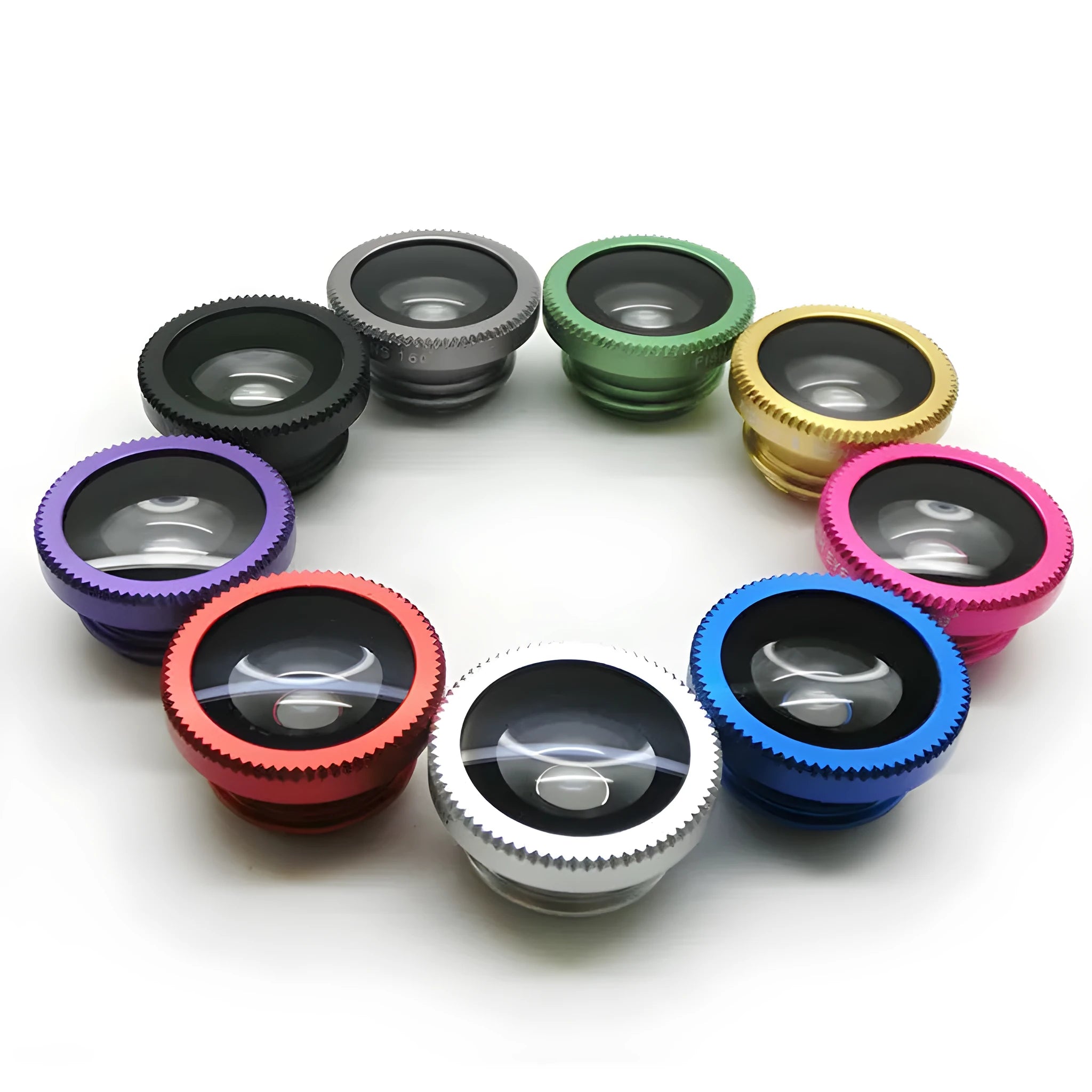 Mobile phone fisheye lens three-in-one kit with fisheye, wide-angle, and macro attachments in various colours