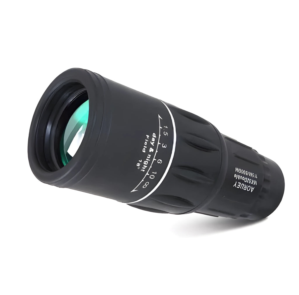 Black 16x52 monocular with 52mm objective lens and textured grip