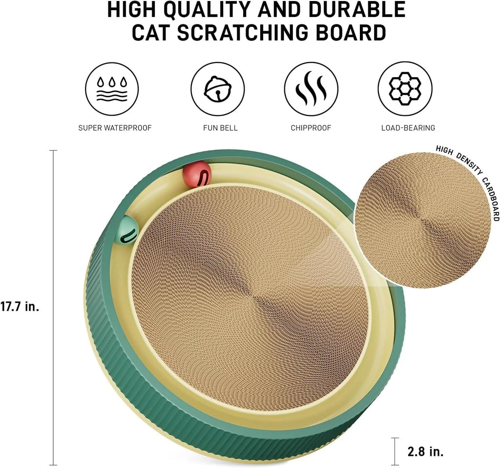 Large green circular cat scratching board with ball track and plush toy for indoor cats