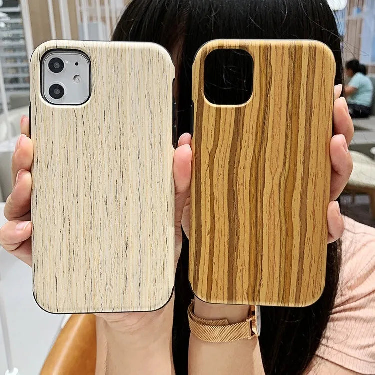 Slim wooden bamboo iPhone back cover case for iPhone 11 Pro shown in a teak wood finish.