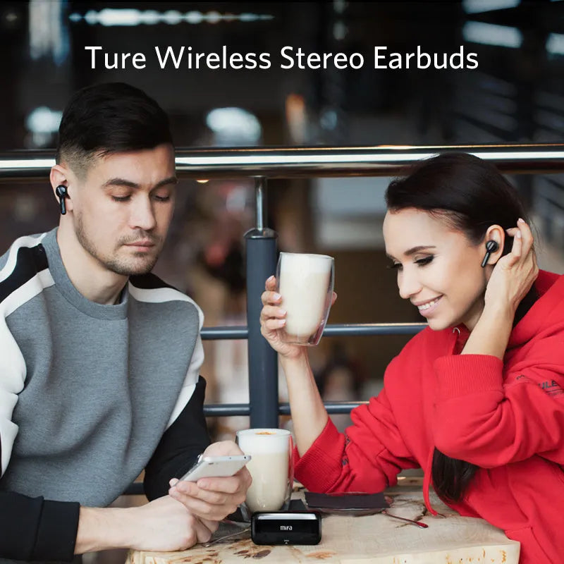 Black true wireless Bluetooth earbuds with in-ear design and IPX5 waterproof rating.