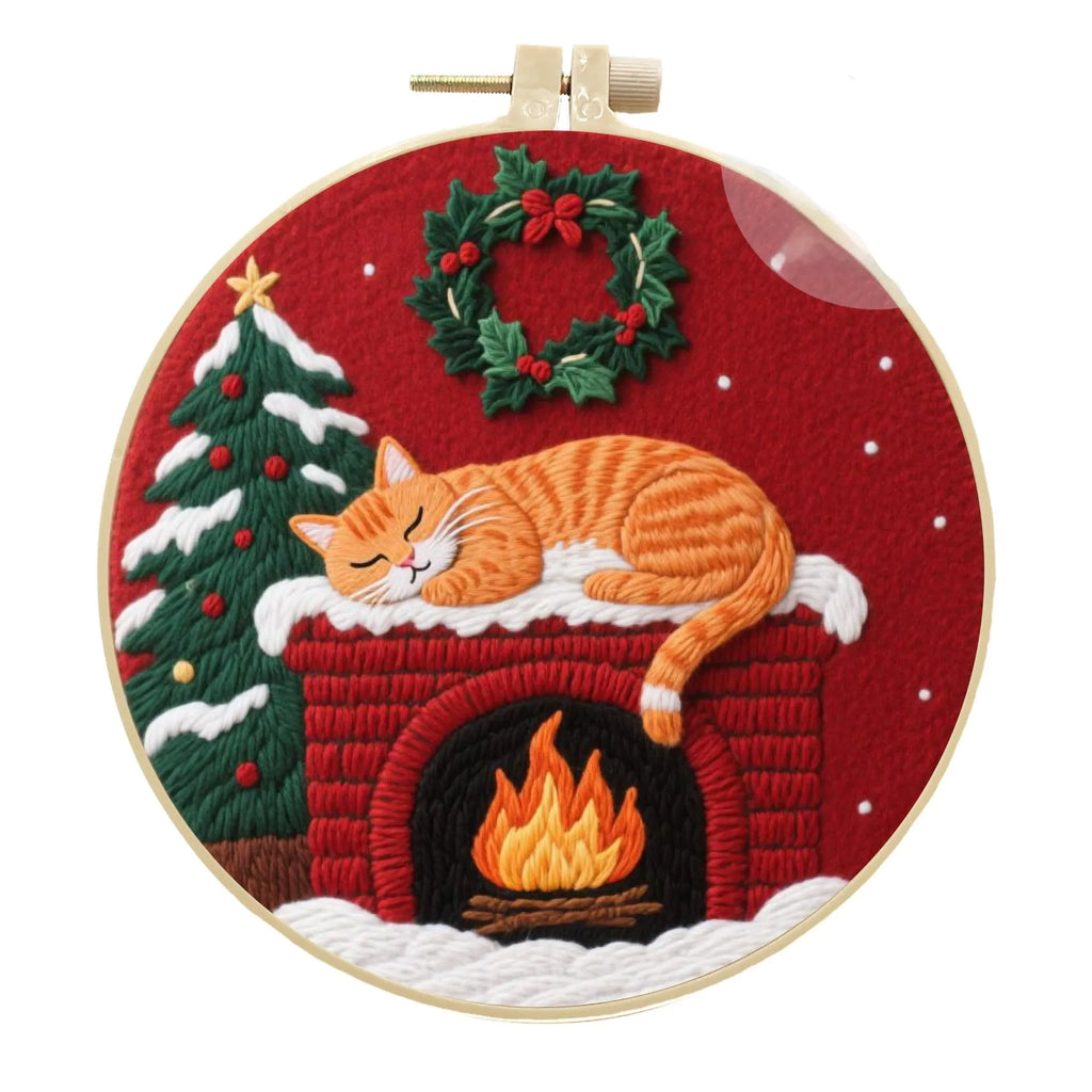 Cat embroidery DIY material package with autumn fruit designs on cotton linen fabric and 20cm bamboo frame