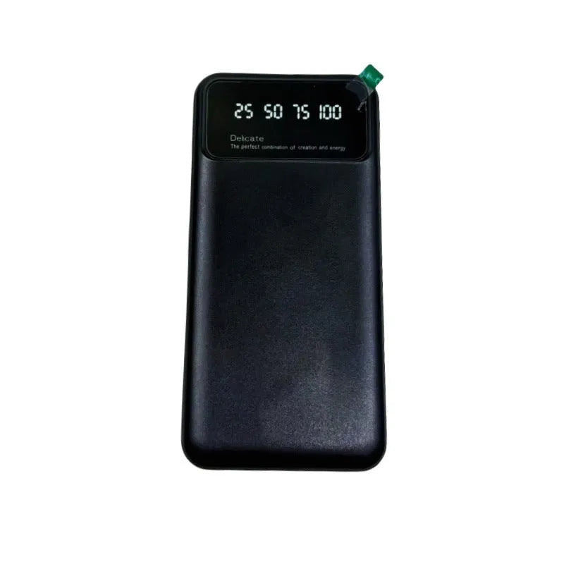 Black ultra-thin power bank showing 10000mAh capacity and compact 67x14x140mm dimensions