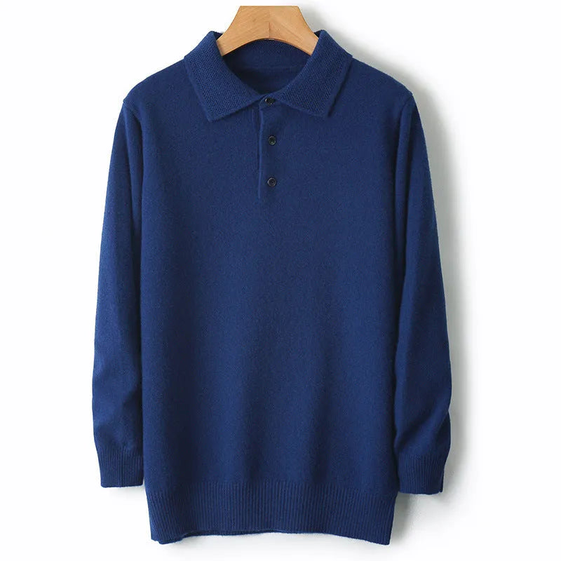 Men's woolen pullover sweater with a polo collar, shown in one of seven available colours.