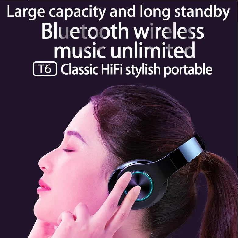 T6 wireless Bluetooth headset for hands-free calls and music listening.