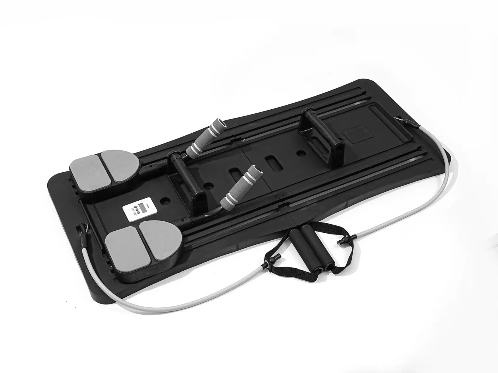 Foldable purple PP fitness belly panel shown flat, used for core workouts at home.