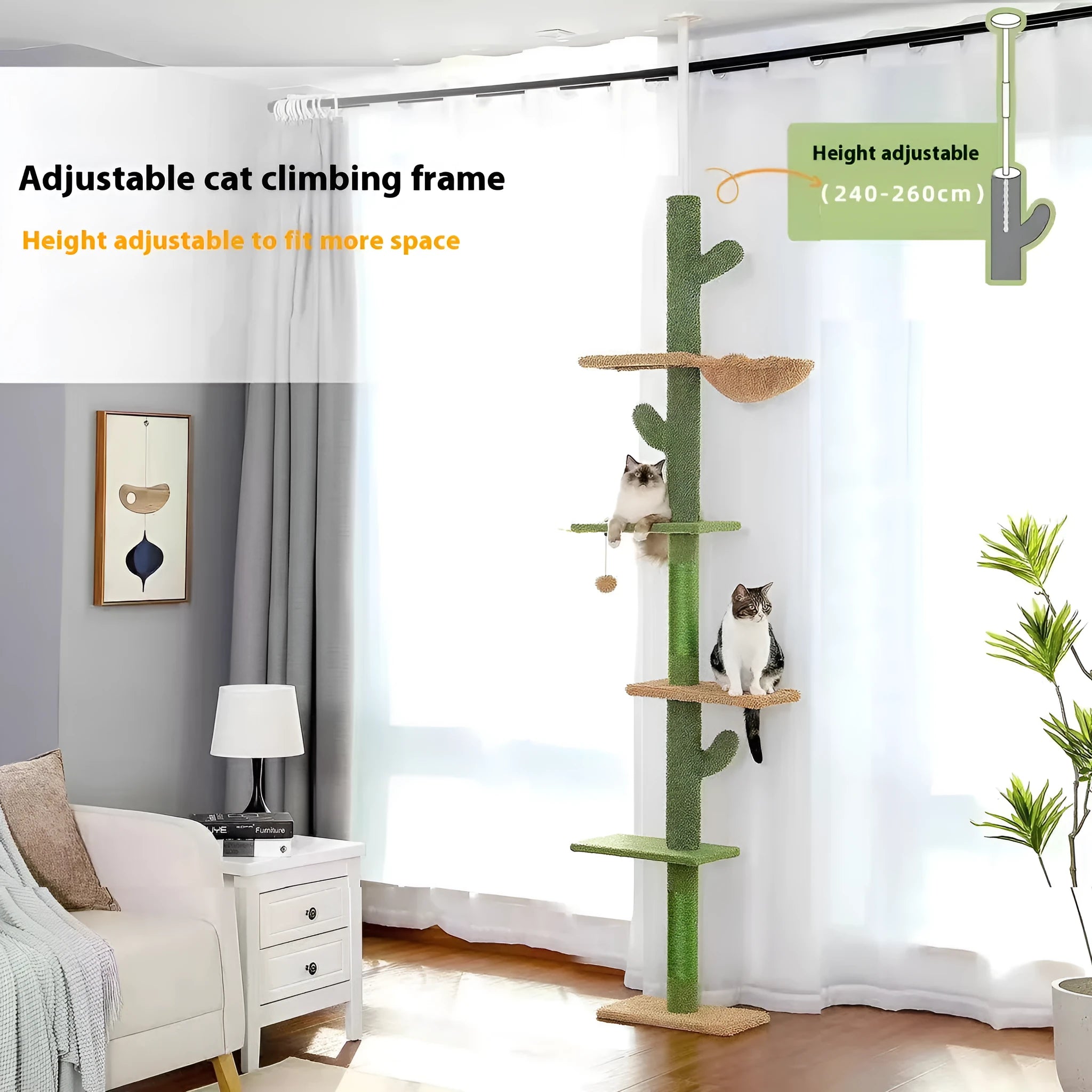 Tall solid wood cat climbing frame with integrated scratching board and toy