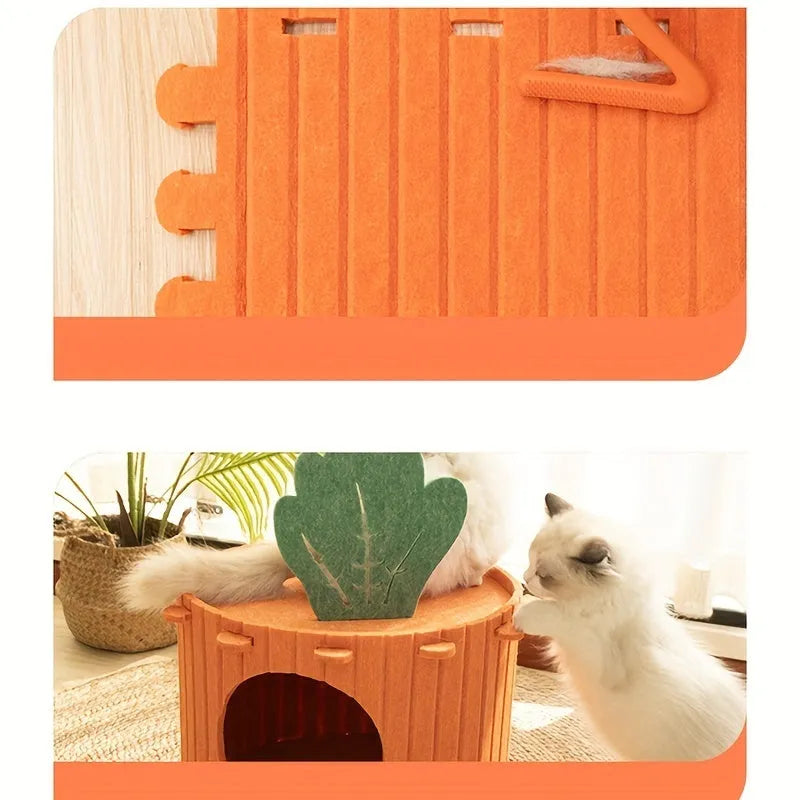A semi-enclosed felt cat bed with an integrated tunnel, shown in two size options.