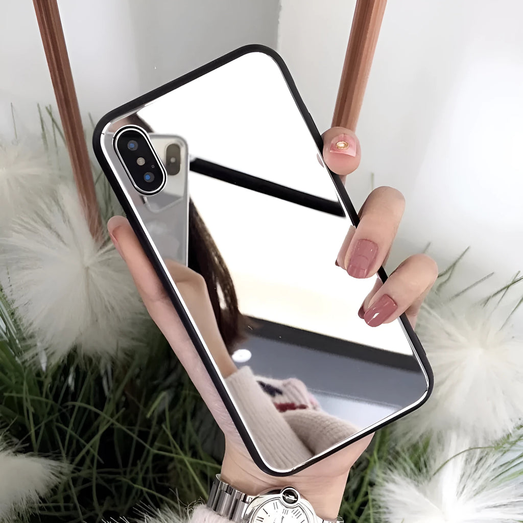 Black iPhone mirror phone case with glass back panel compatible with iPhone X, 7 and 8 Plus models