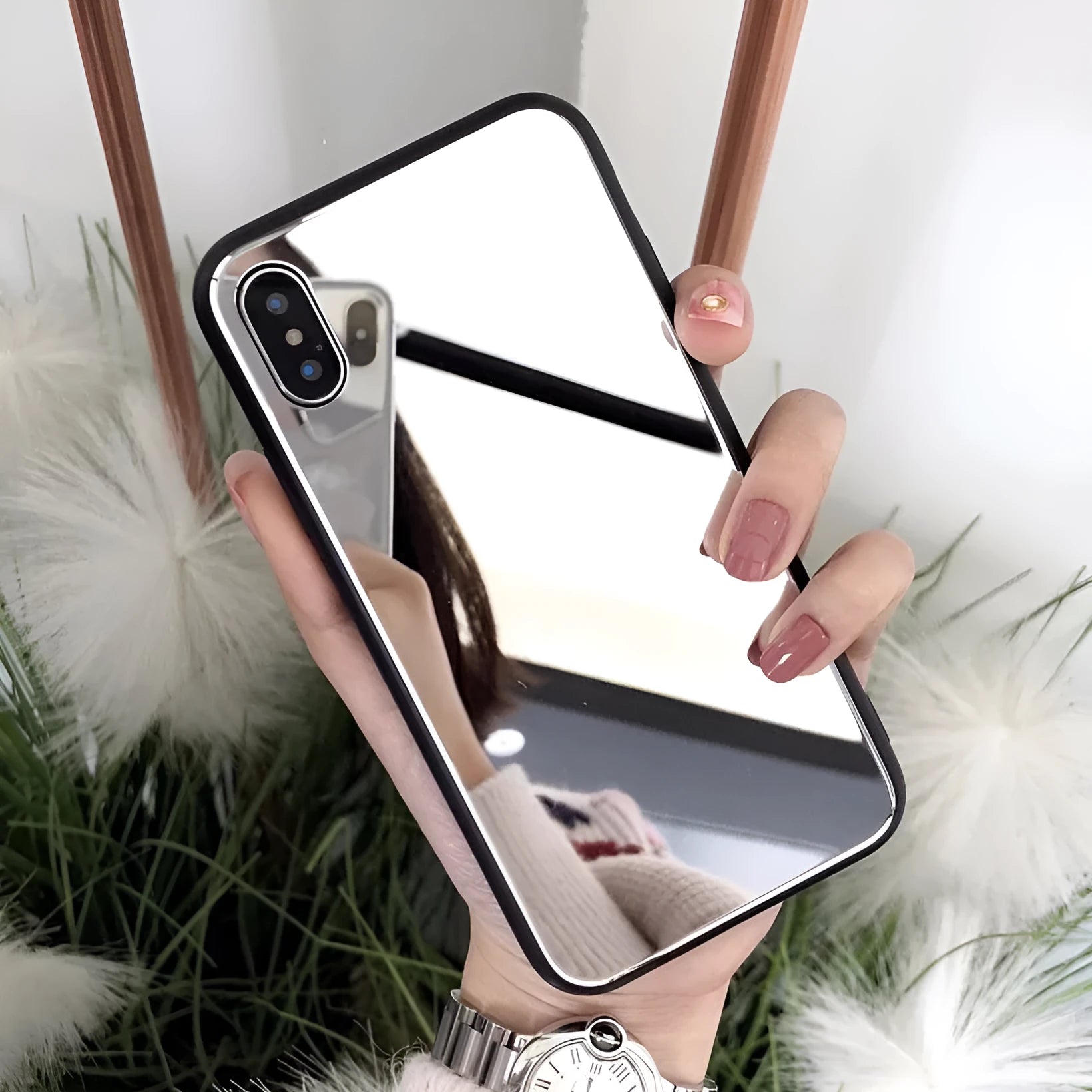 Black iPhone mirror phone case with glass back panel compatible with iPhone X, 7 and 8 Plus models