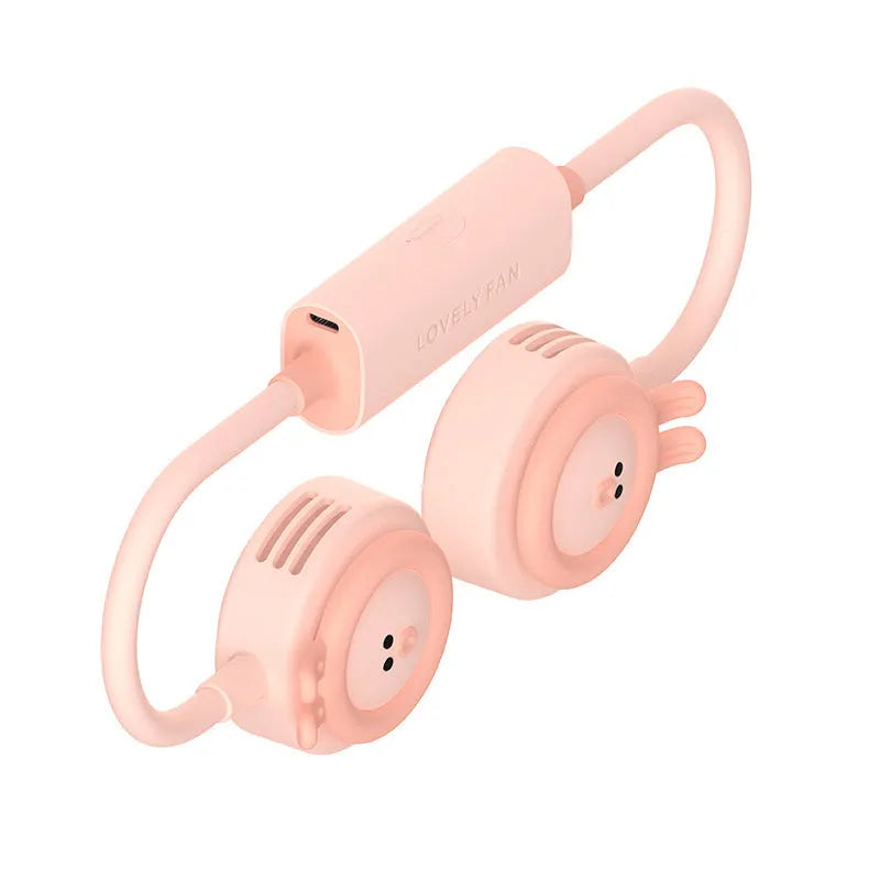 Pink folding hanging neck fan with leafless design and USB charging port