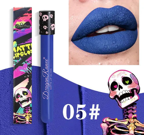 Halloween skull test tube containing matte gold or silver lip gloss for creative makeup.