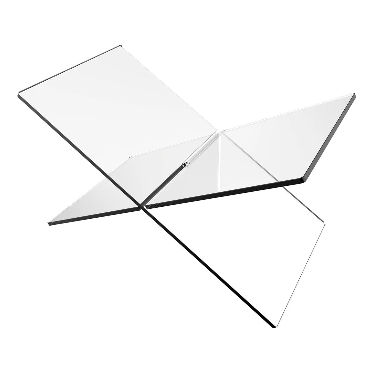 Clear acrylic X-shaped desktop book display rack holding books and magazines