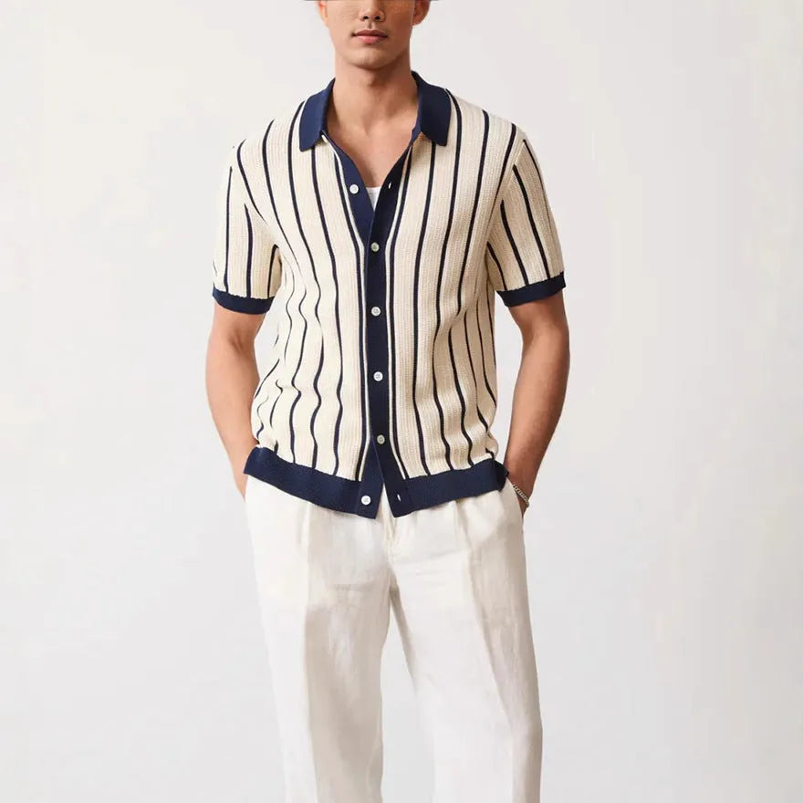 Men's white short sleeve knitted top with lapel neckline and asymmetrical British style design