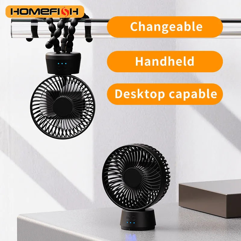 HOMEFISH F2 automatic shake head fan with LED light attached to a baby stroller