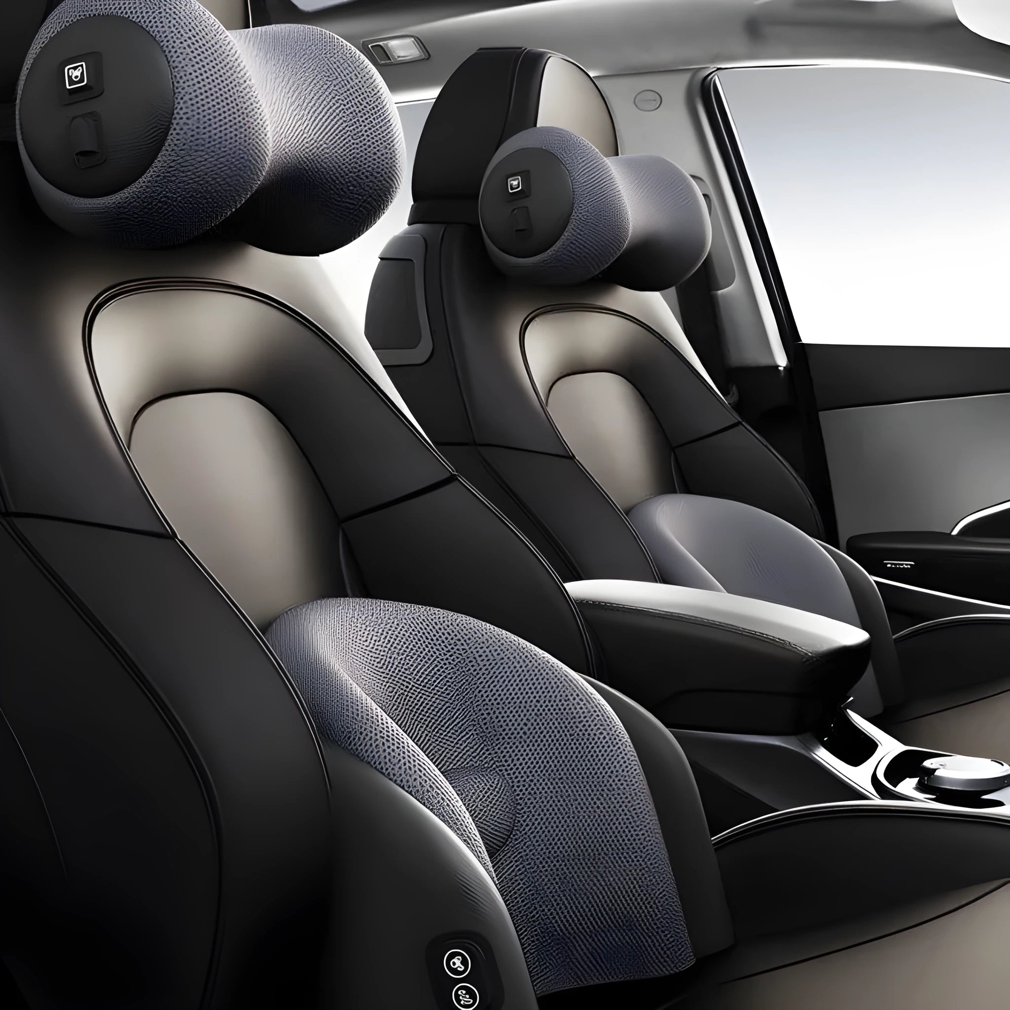 A black car massage cushion with electric vibration controls, placed on a car seat for neck and lumbar support.