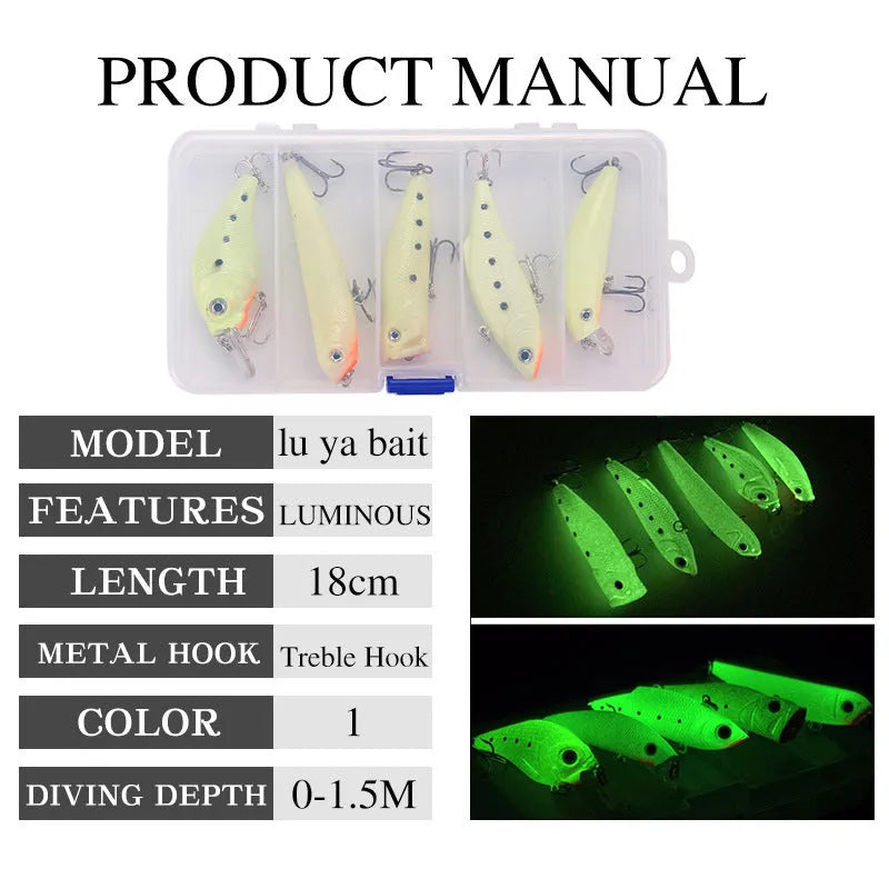 Set of five 3D fluorescent simulation hard bait fishing lures with luminous properties for predator fishing
