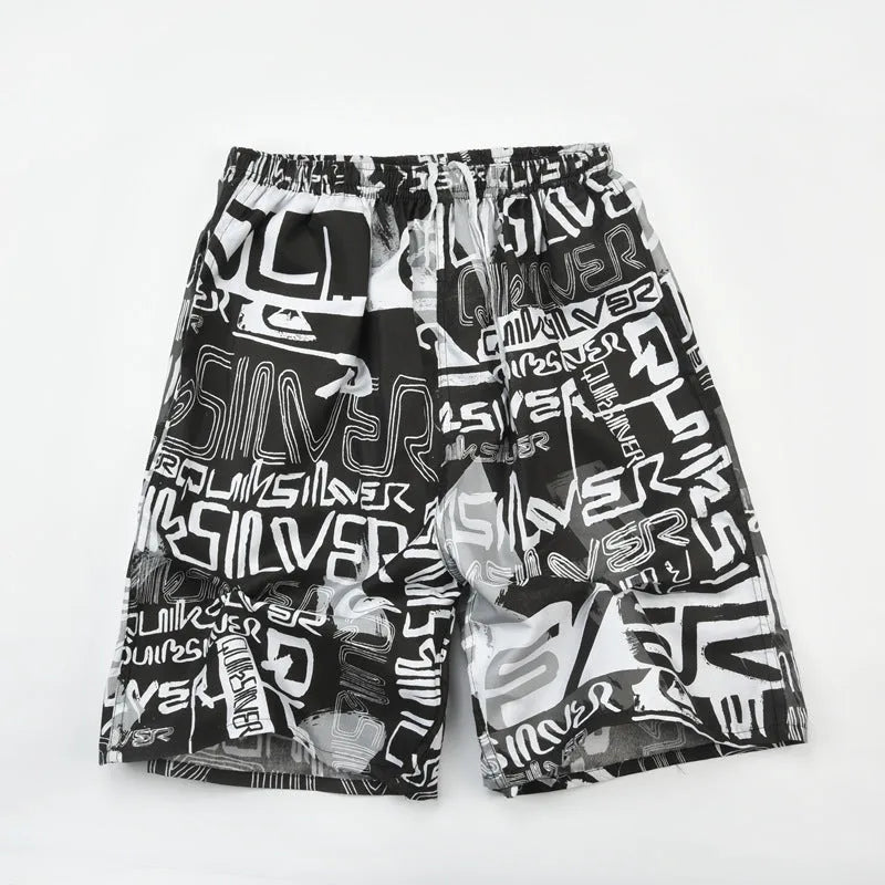 Men's floral printed swimming trunks in polyester with five-point design for beach and pool use