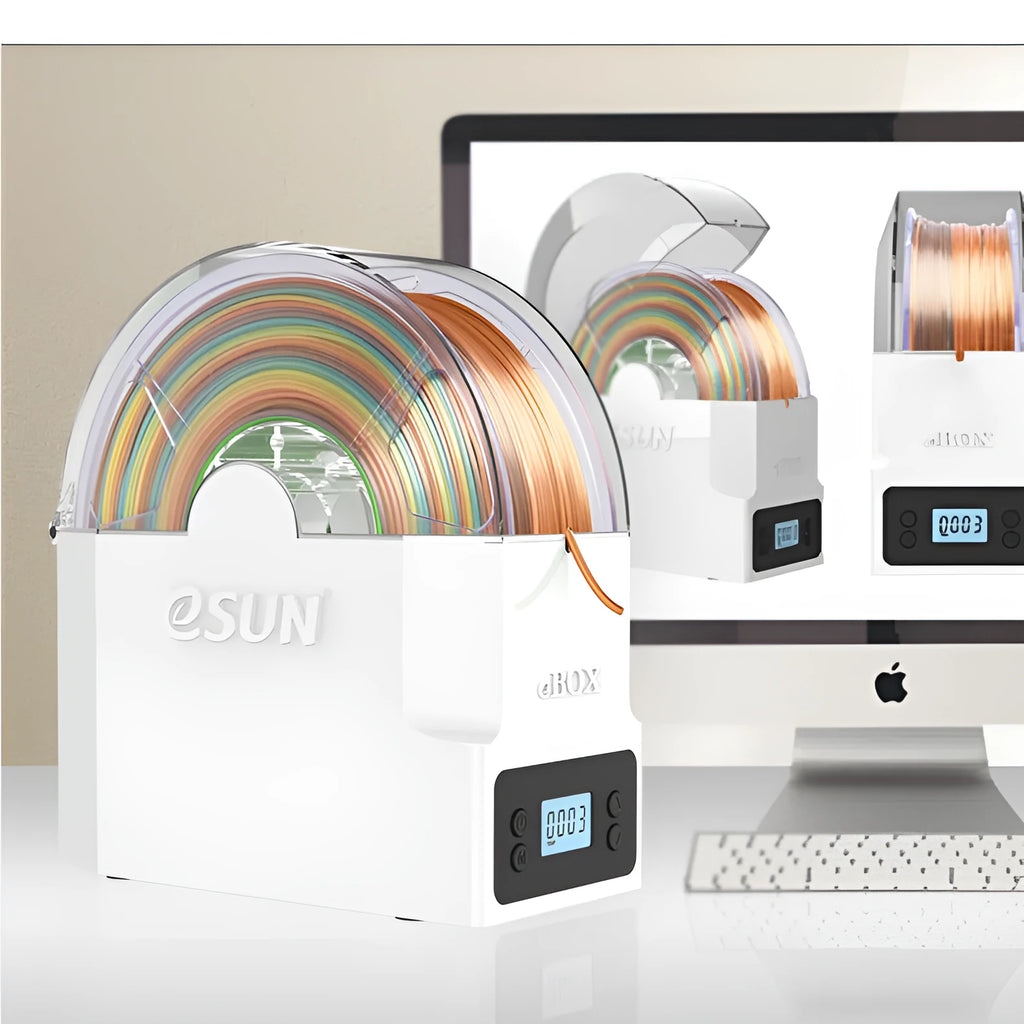 eBOX Lite 3D printing filament drying and storage box with wire heating, shown with adapter and plug options