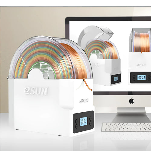 eBOX Lite 3D printing filament drying and storage box with wire heating, shown with adapter and plug options
