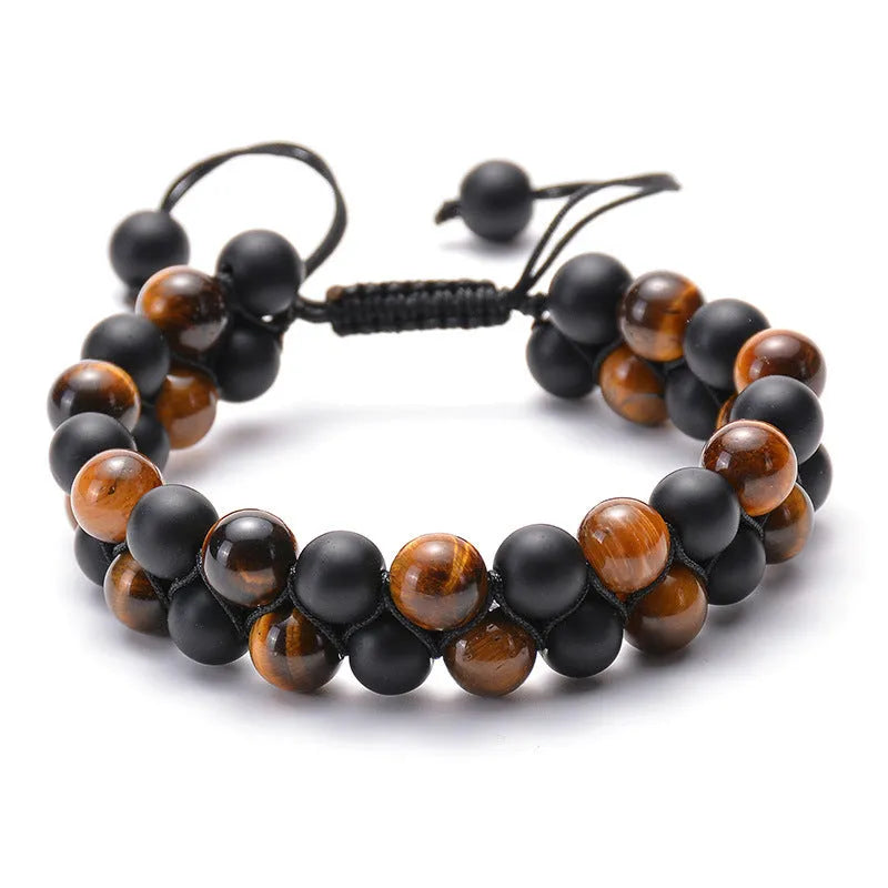 Geometric matte black agate couple bracelets for matching wear.