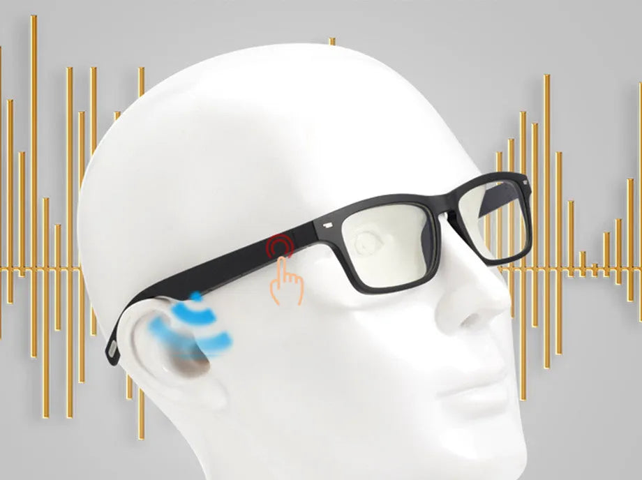 Smart glasses with Bluetooth open-ear audio and touch transparent anti-blue light PC polarised lenses.
