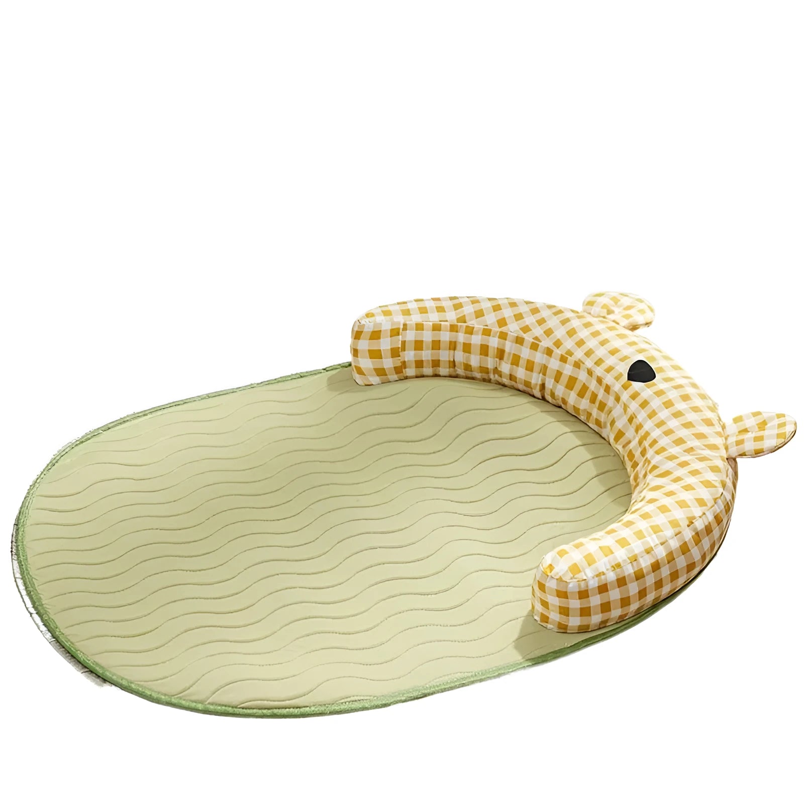 Four-season dog mat and cat nest in green or yellow showing four size options with weight recommendations