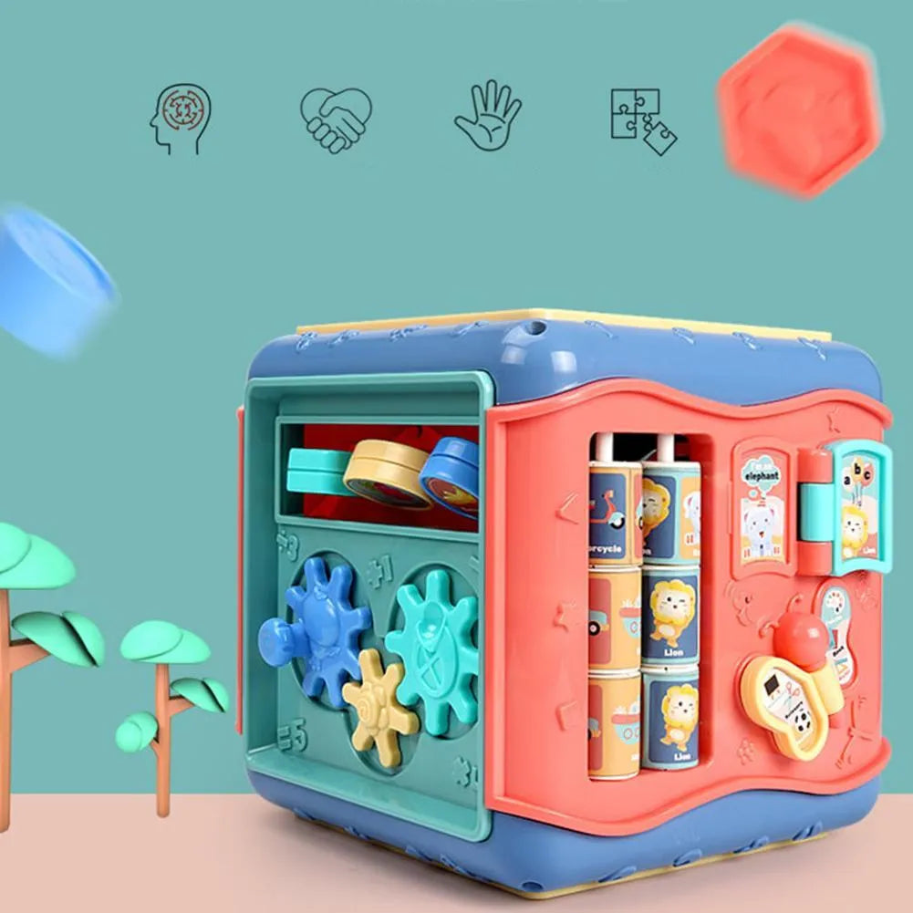 Six-sided baby educational toy with bead maze, gears, clock, and shape recognition activities