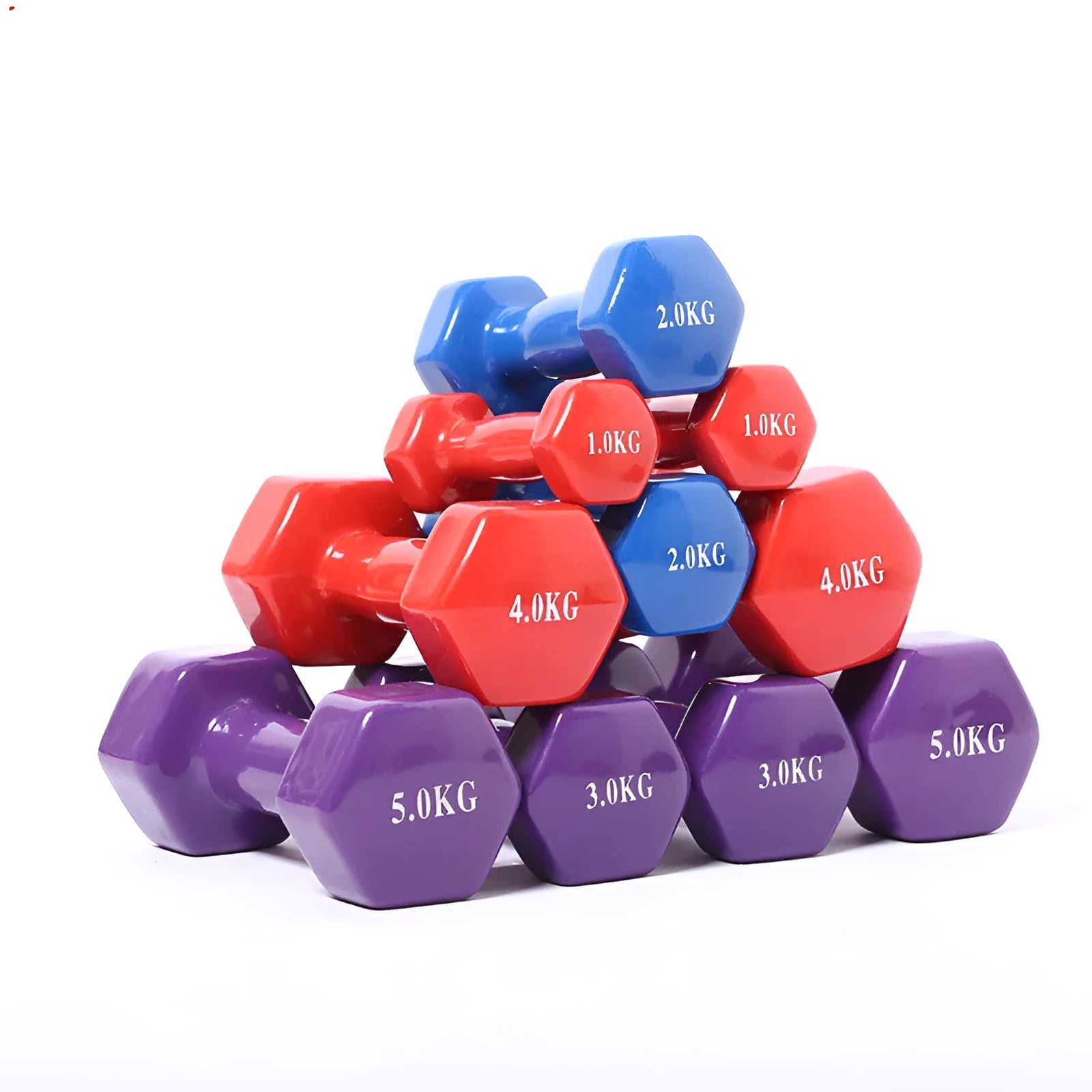 Bright colour plastic fitness dumbbells in random colours showing glossy surface finish for home exercise