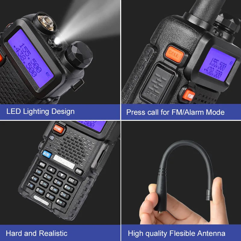 Black long-range walkie talkie with antenna showing compact dimensions for portable two-way communication.