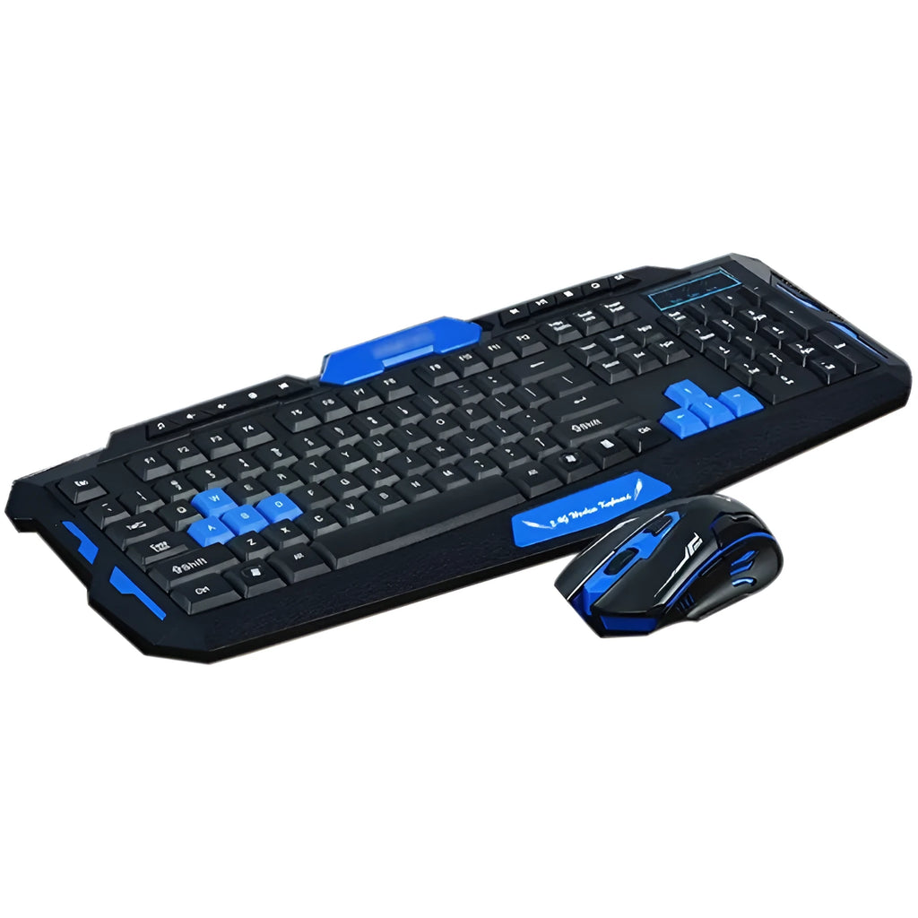 Black and blue wireless keyboard and mouse set on desk