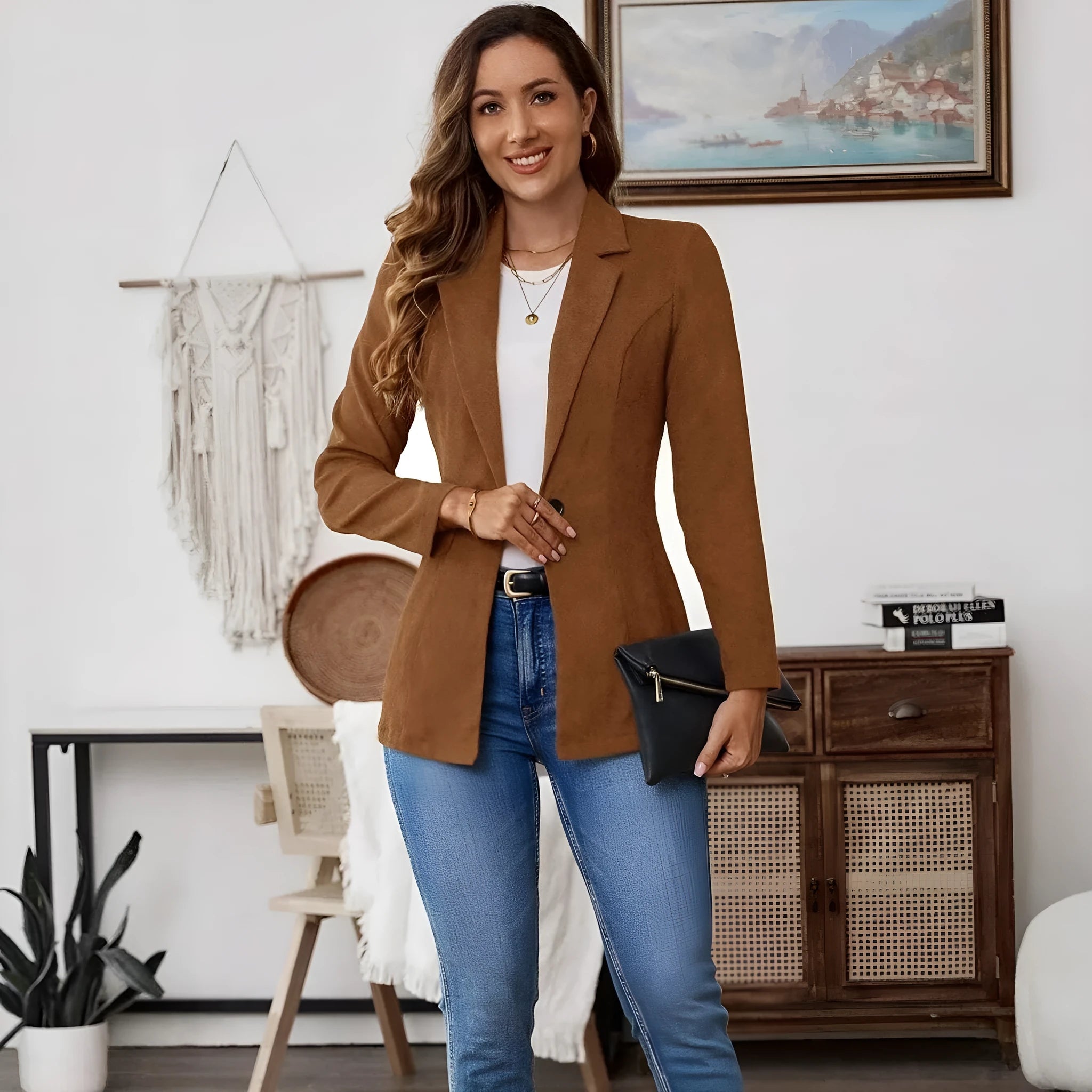 Brown men's lapel long sleeve single-breasted suit coat on a hanger