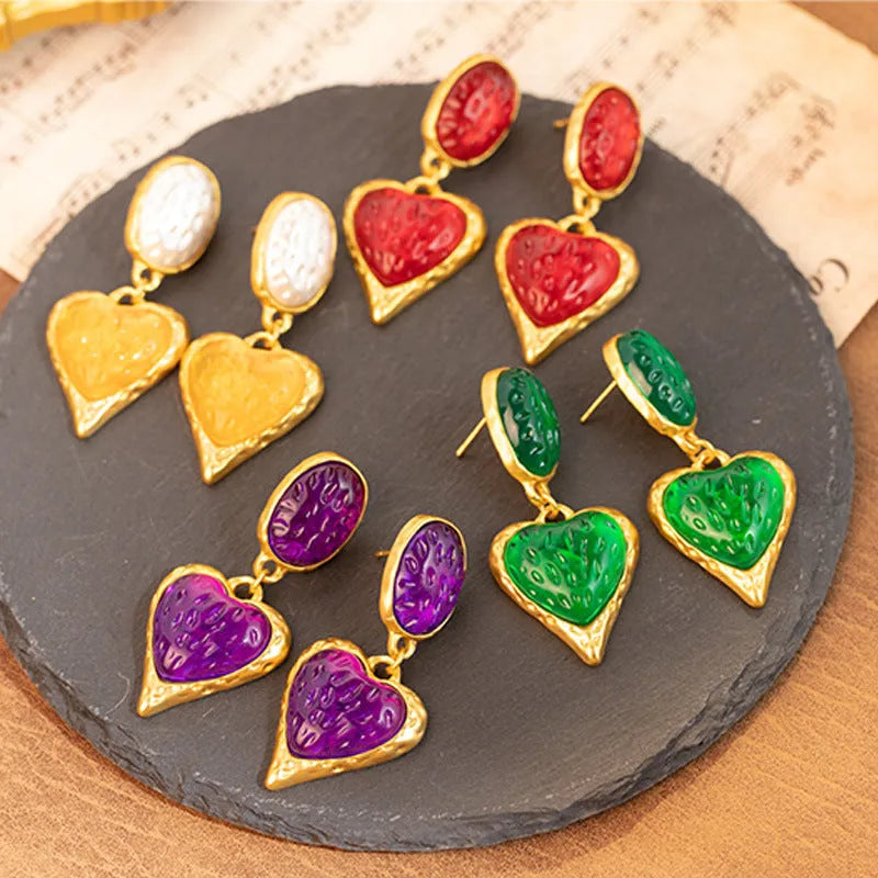 Silver needle pleated oval love heart stud earrings in alloy with purple, red, green, and yellow white colour options