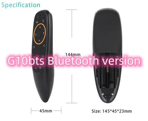 G10 and G10S Pro intelligent wireless voice remote controls on a table, showing silicone buttons and plastic shell.