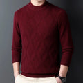 Men's thick grey diamond jacquard wool-blend pullover sweater on a hanger.