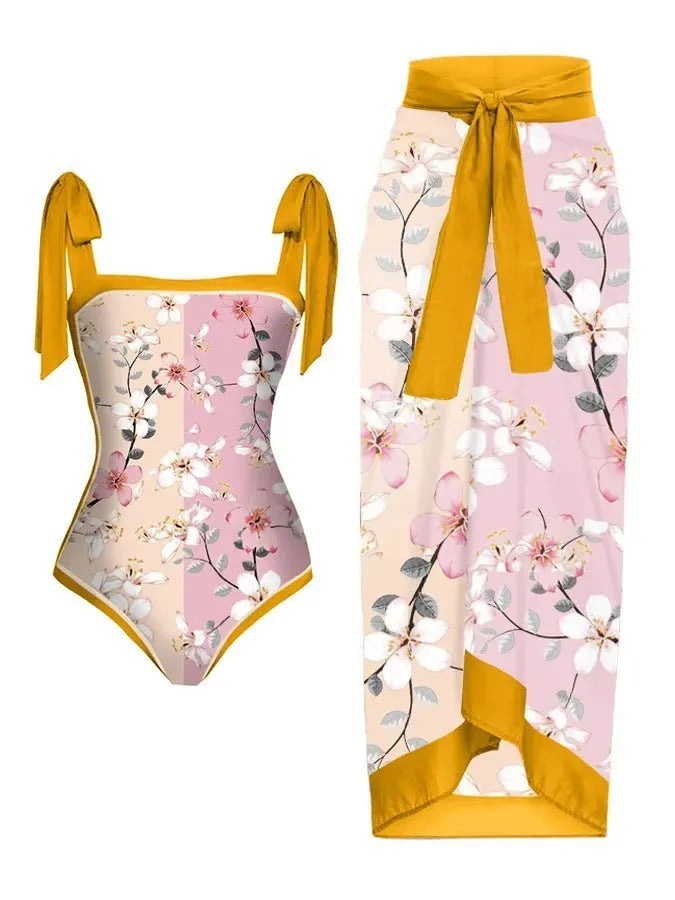 Women's floral print two-piece chiffon swimsuit with matching skirt in multiple colour options